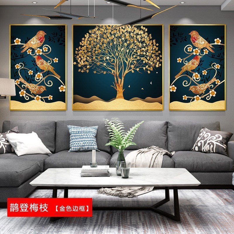 北欧壁画三联组合沙发背景墙客厅装饰画现代玻璃简约餐厅挂画鹿鹿 鹊登梅枝（金色边框） 30*50cm三联套装（建议_993