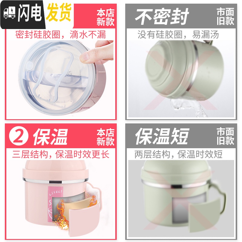 三维工匠304不锈钢保温饭盒上班族带饭学生女快餐杯分隔型成人男密封带柄 粉色1000配送餐具保温袋(配肩带)高清大图