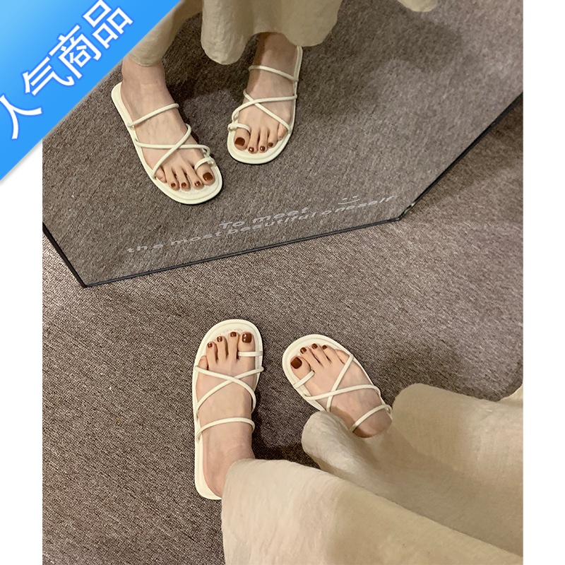 SUNTEK套趾凉拖鞋女夏外穿2023新款复古细带简约度假仙女风平底一字凉假 白色 37
