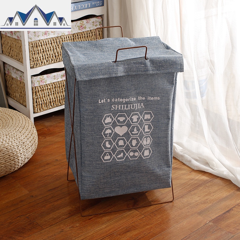 防水棉麻洗衣篮脏衣篓衣服收纳筐日式简约铁支架布艺折叠脏衣篮桶 三维工匠收纳篮 带盖蓝色心衣服铁架