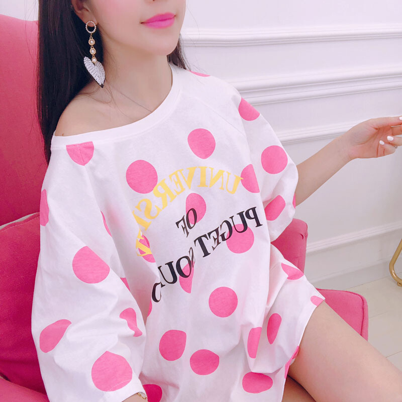 2018春秋中长款v领套头五分袖t恤波点字母打底衫宽松显瘦女粉色均码