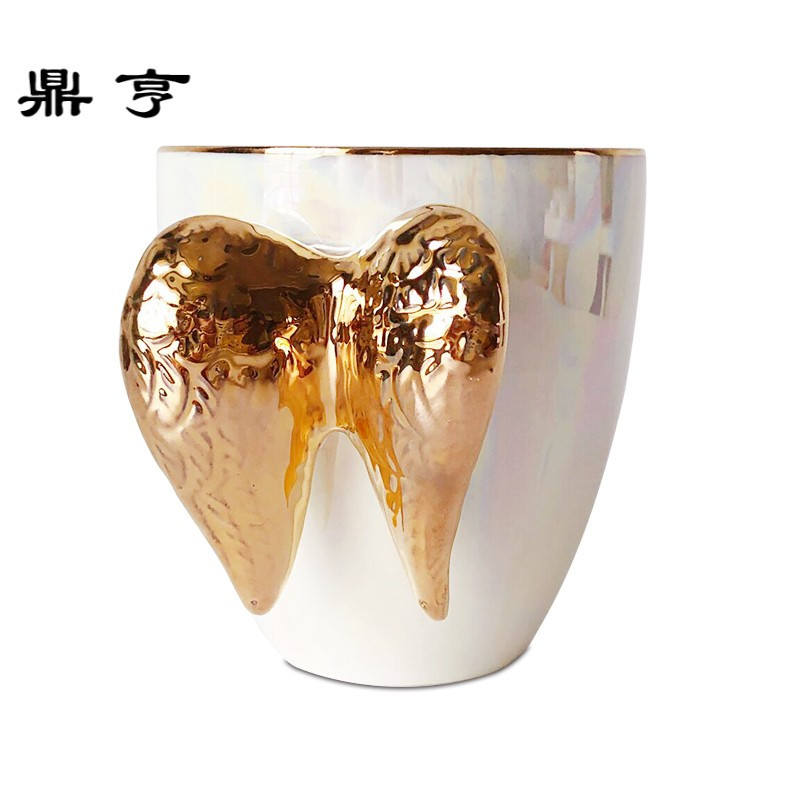 鼎亨出口轻奢描金天使翅膀陶瓷杯珍珠釉创意咖啡杯奶茶杯红茶杯礼