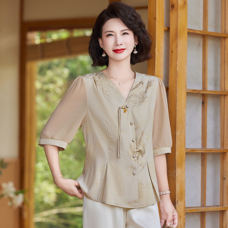 纤孜雅 中年妈妈夏装新中式国风t恤小衫套装新款洋气女装婆婆两件套 黄色 4XL