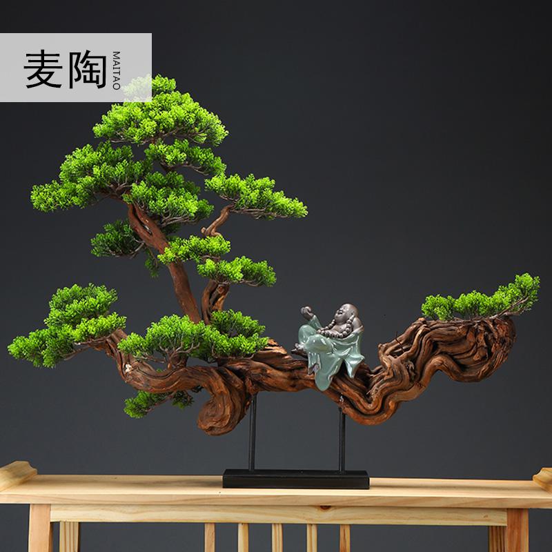美帮汇仿真新中式迎客松盆景绿植客厅酒店家居玄关装饰品样板间软装摆件高清大图