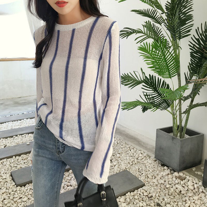 2018新款夏条纹针织衫女罩衫薄款韩版打底衫毛衣网洞上衣镂空秋装蓝色条纹均码