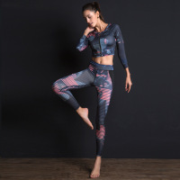 新款印花欧美健身套装瑜伽服套装三件套长袖拉链运动女装