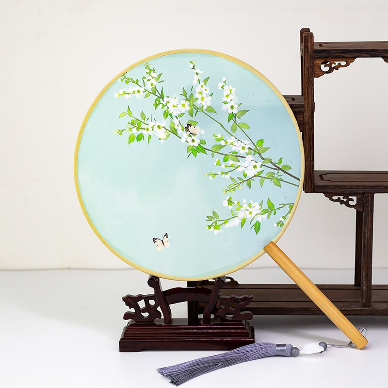 古风团扇汉服女长柄跳舞 中国风中式流苏手工长杆扇子