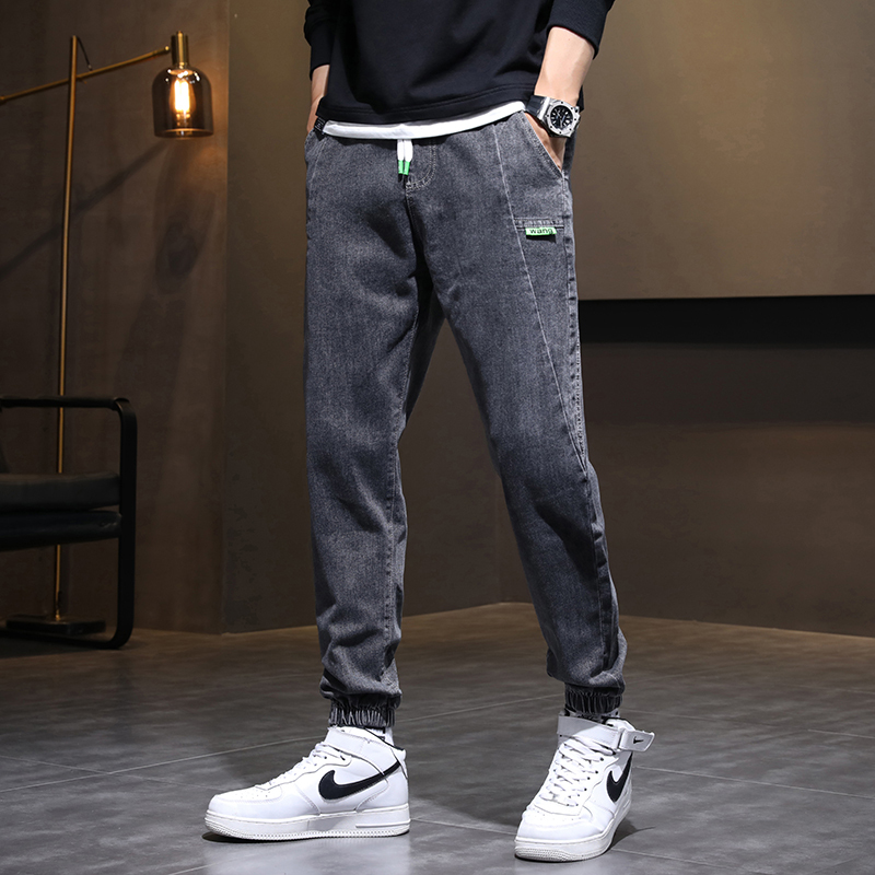 春秋男牛仔裤男痞帅百搭宽松弹力束脚裤松紧腰男士休闲牛仔裤