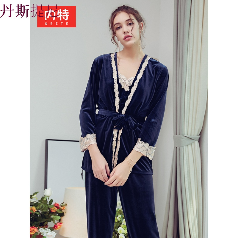 睡衣女秋冬季金丝绒三件套性感带睡袍套装长袖休闲可外穿家居服