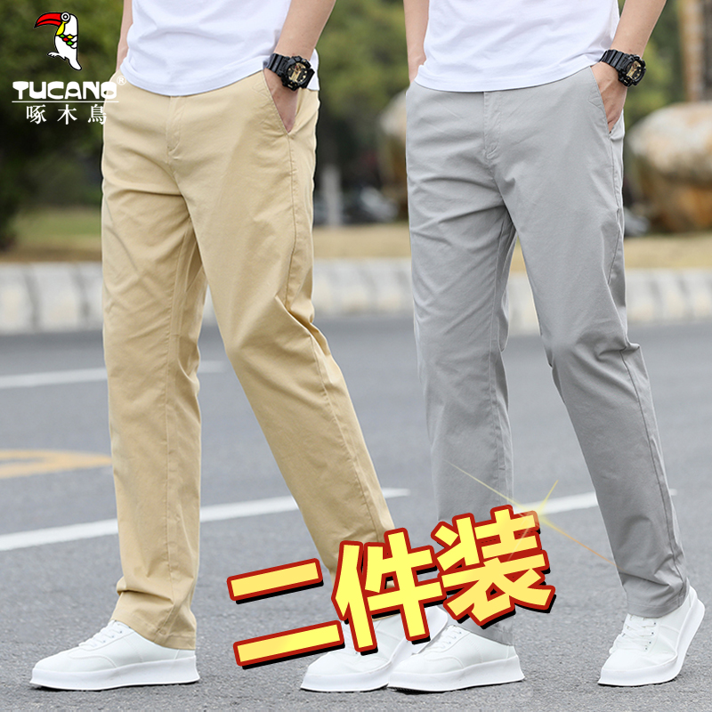 啄木鸟男士休闲裤宽松直筒纯棉夏季薄款裤子男新款大码商务西棉高清大图