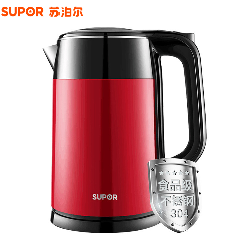 苏泊尔(SUPOR)SWF17E23D 双层防烫保温 电水壶 烧水壶 304不锈钢电热水壶 1.7L/1.7升 时尚红