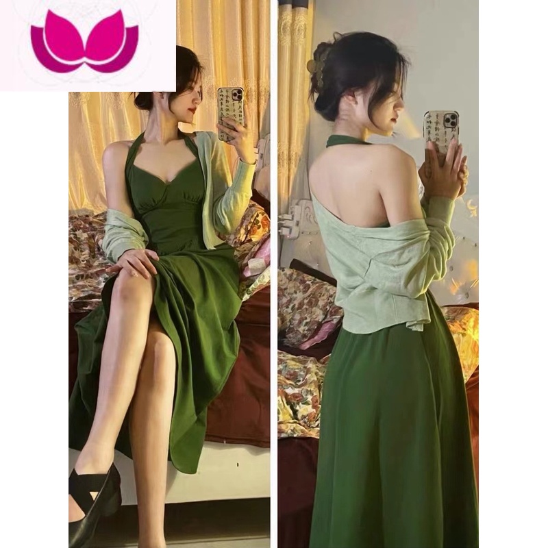 七斓绿色挂脖连衣裙子女夏季辣妹套装2023年新款春装茶歇泰式吊带长裙 绿色开衫+绿色连衣裙套装搭配女装整套韩系/纯欲风套装/今年流 2XL绝美小裙子