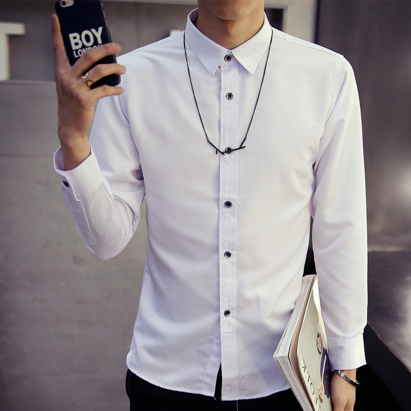 new lake秋季长袖衬衫男士韩版修身型青少年百搭白色休闲衬衣潮男装寸