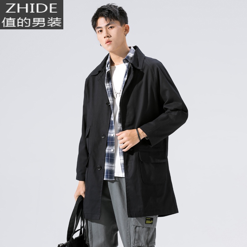 值得男装2021新款连帽夹克男帅气时尚休闲中大衣韩版宽松潮流风衣外套_815 J987 黑色 XL