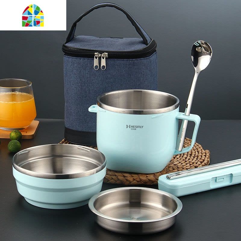 304不锈钢饭盒保温快餐杯上班族便携学生食堂饭缸碗便当盒带餐具 FENGHOU 全蓝色餐杯+保温袋/赠304勺筷盒图片