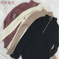 针织打底衫女早春半高领圆环拉链短款紧身修身毛衣薄学生个性长袖