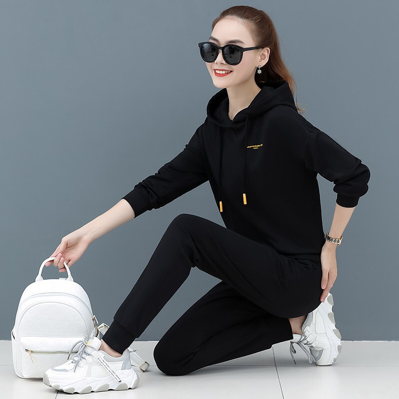 女春秋棉质青年女士时尚卫衣运动装女简约易搭套头连帽两件套运动服女