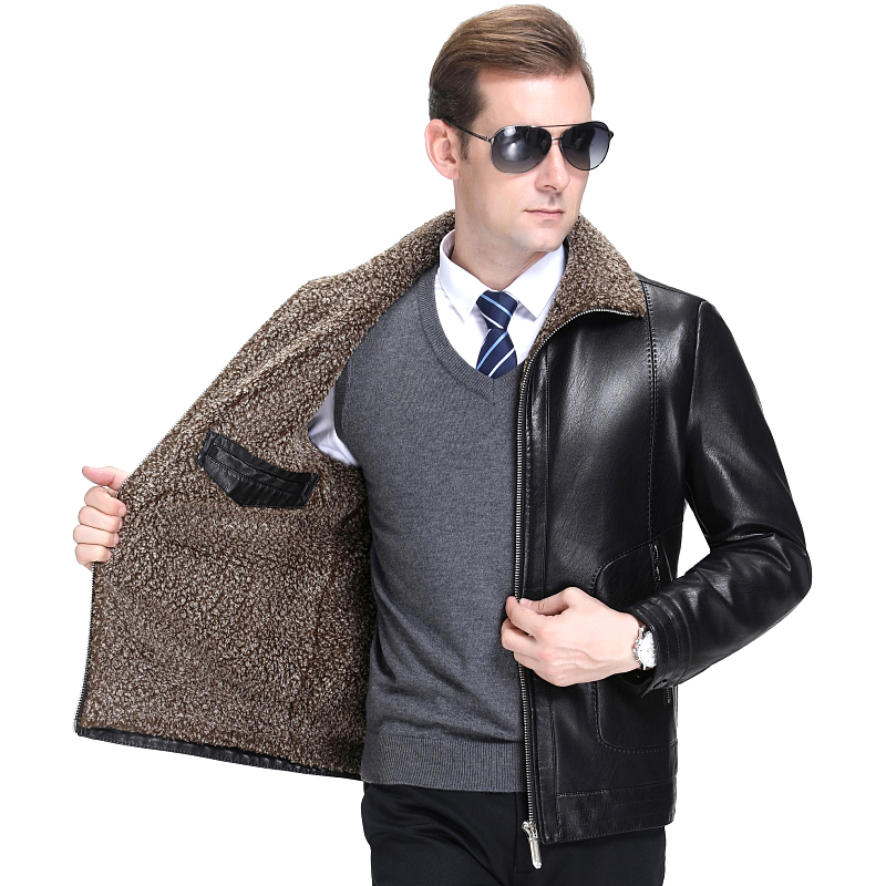 免费试穿送运费险皮毛一体真皮皮衣男加绒加厚韩版帅气拉链夹克冬季新款羊羔毛外套高端外套正品 175 黑色