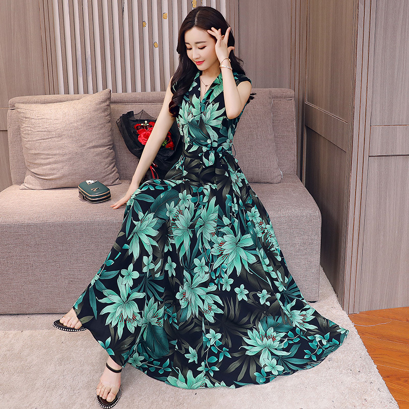 女士夏装新品印花大摆连衣裙女中长款韩版雪纺长裙显瘦裙子夏天