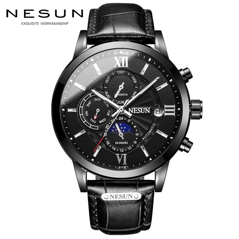 正品尼尚nesun手表男士全自动机械表男时尚复古多功能皮带表夜光防水
