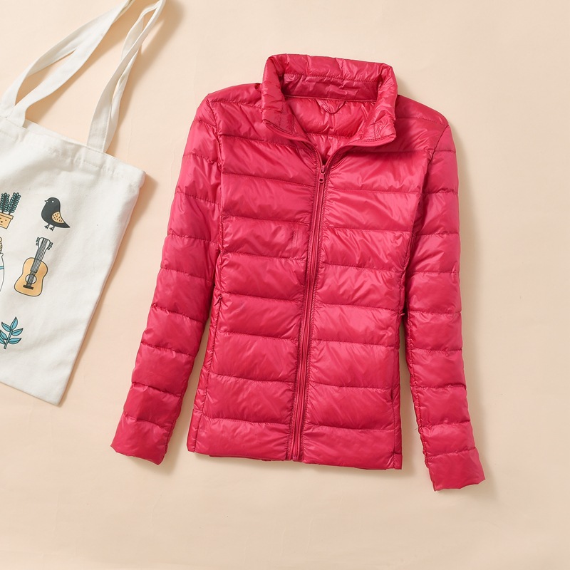 大码羽绒服女冬季新短款轻薄立领加厚保暖修身白鸭绒外套_647 玫红 4XL