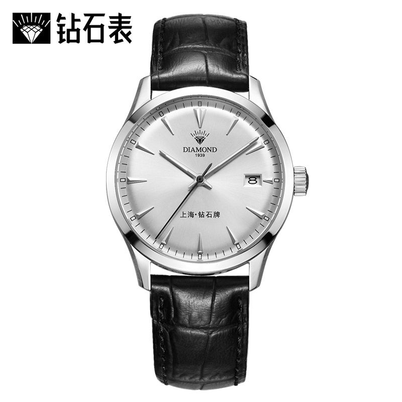 上海钻石牌(DIAMOND)手表男士自动机械表精钢日历防水夜光8100银面黑皮