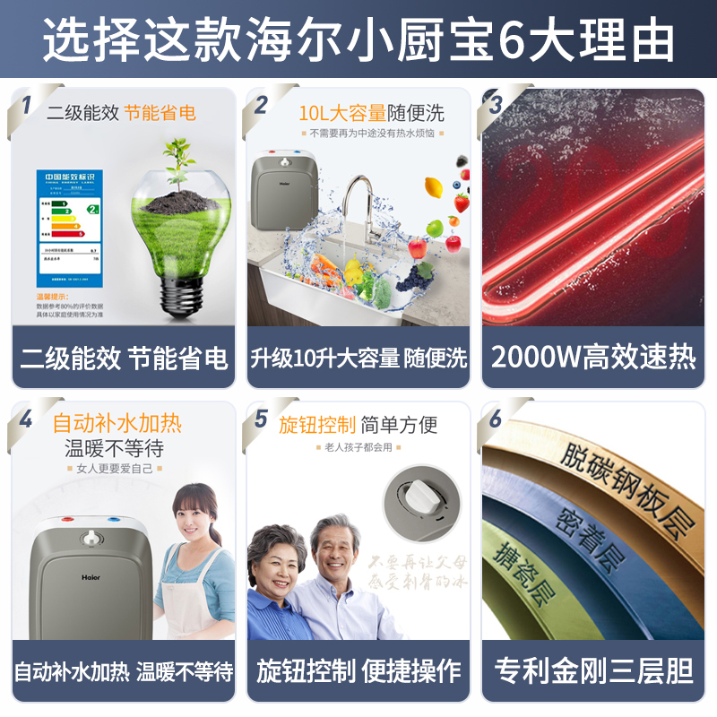 Haier/海尔电热水器ES10U小厨宝速热式电热水器10升家用上出水 厨房热水器 2000W速热储水式厨宝