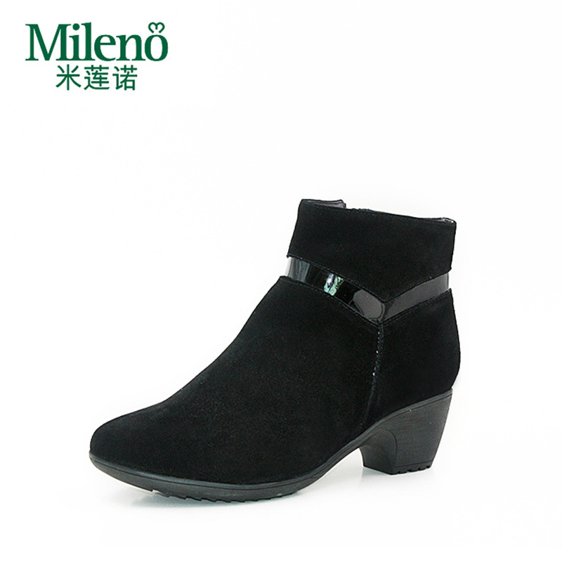 Mileno/米莲诺绒面牛皮坡跟女短靴简约百搭保暖妈妈鞋M164503