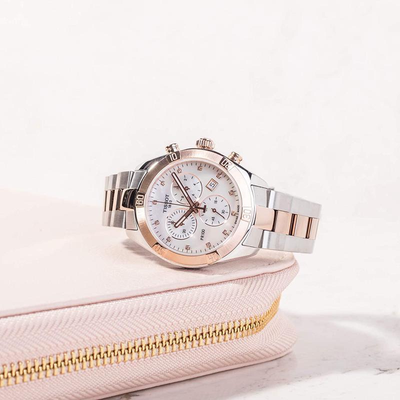 Tissot/天梭女士石英计时防水米瑞士镶钻珍珠母贝白盘腕表
