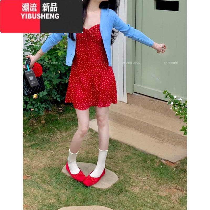 YIBUSHENG复古辣妹碎花褶皱吊带连衣裙女装季修身收腰A字裙短裙图片