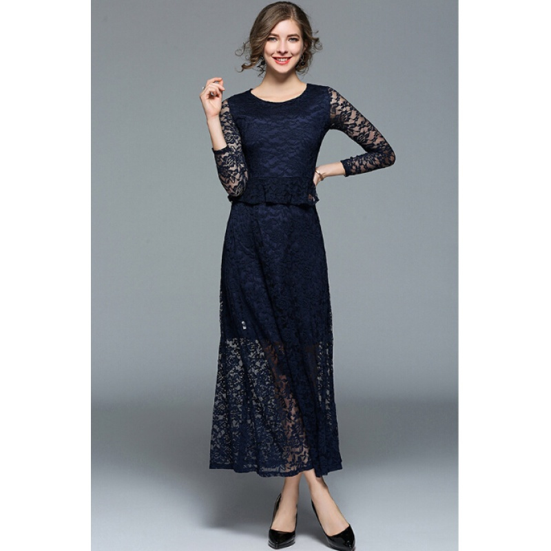 长袖蕾丝连衣裙2017秋季新款显瘦气质名媛荷叶边蕾丝长裙打底裙女
