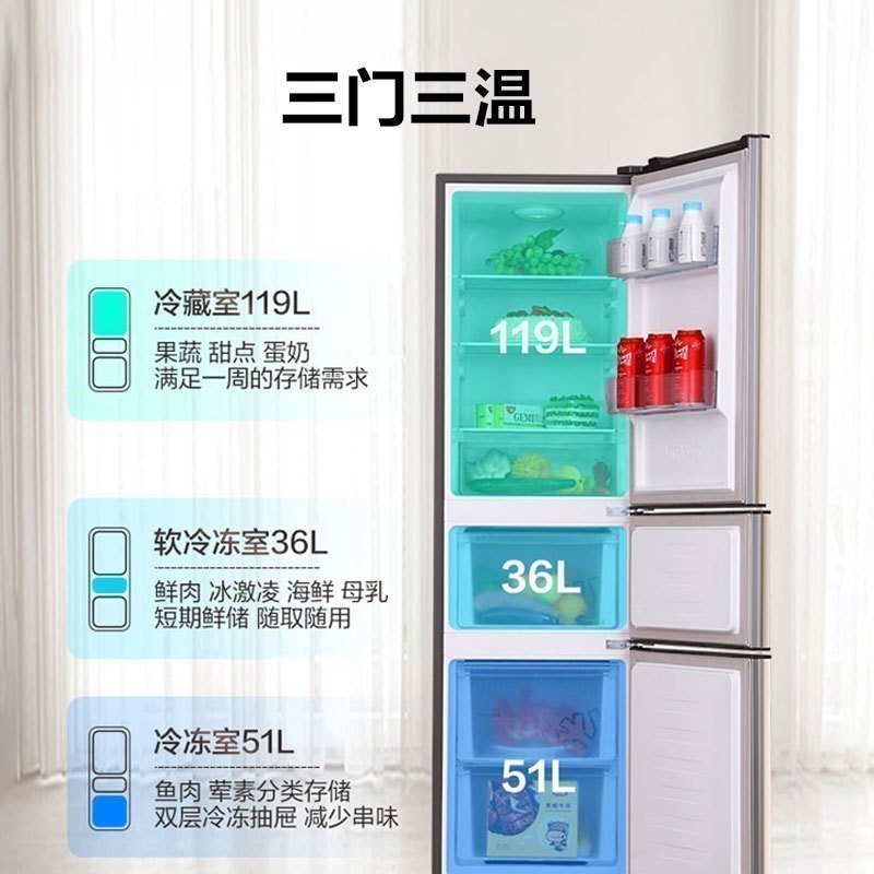 容声(Ronshen)206升 三门式三开门电冰箱 小型租房宿舍 家用 节能省电 冷冻冷藏