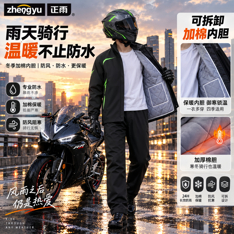 正雨冬季骑行防寒服加绒加厚雨衣外卖骑手分体式男款摩托车防暴雨9063高清大图