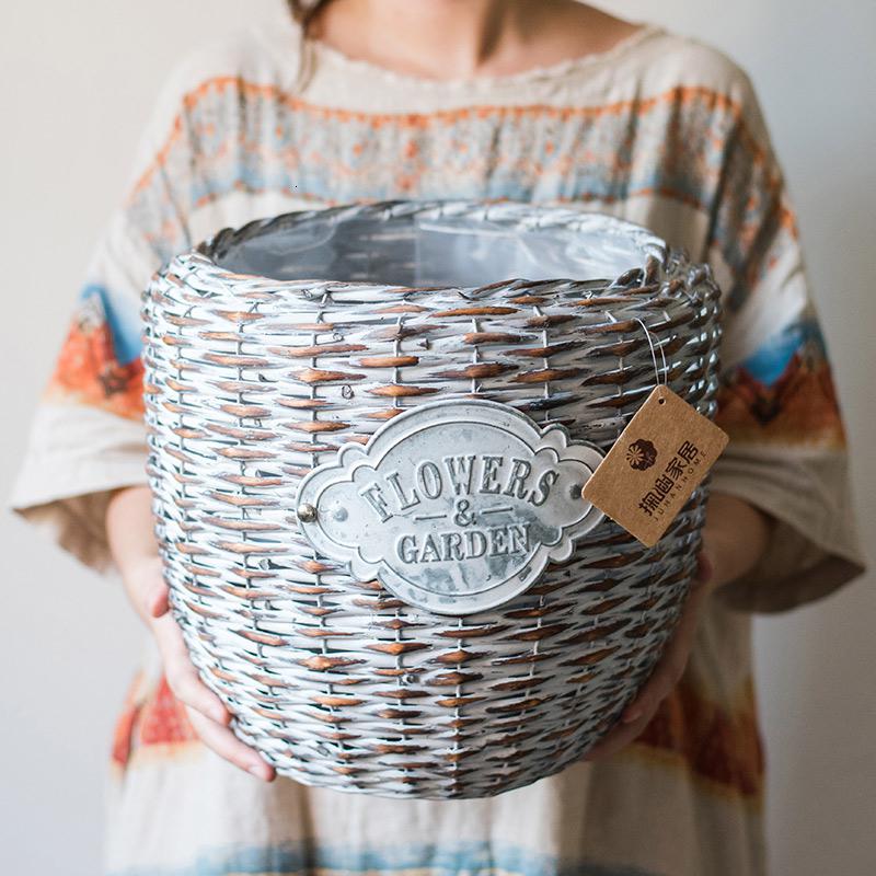 美帮汇柳编大花盆手工艺术品装饰花器做旧复古美式韩式插花花瓶 无铁牌花器 小高清大图