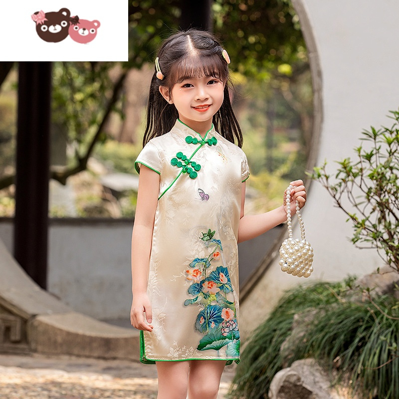 绿彩虹光儿童旗袍夏季薄款女童礼服裙小女孩改良汉服裙中国风连衣裙