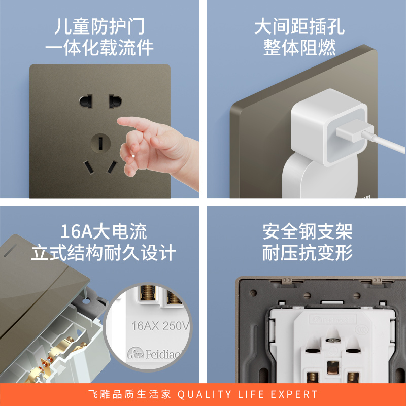飞雕(FEIDIAO)开关插座暗装86型家用墙壁开关插座 大阪钢支架 雕琢优雅灰系列 雕琢灰电视电脑插高清大图