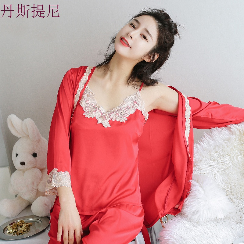 睡衣女春秋三件套装夏女士真丝绸性感带冰丝长袖薄款家居服秋季