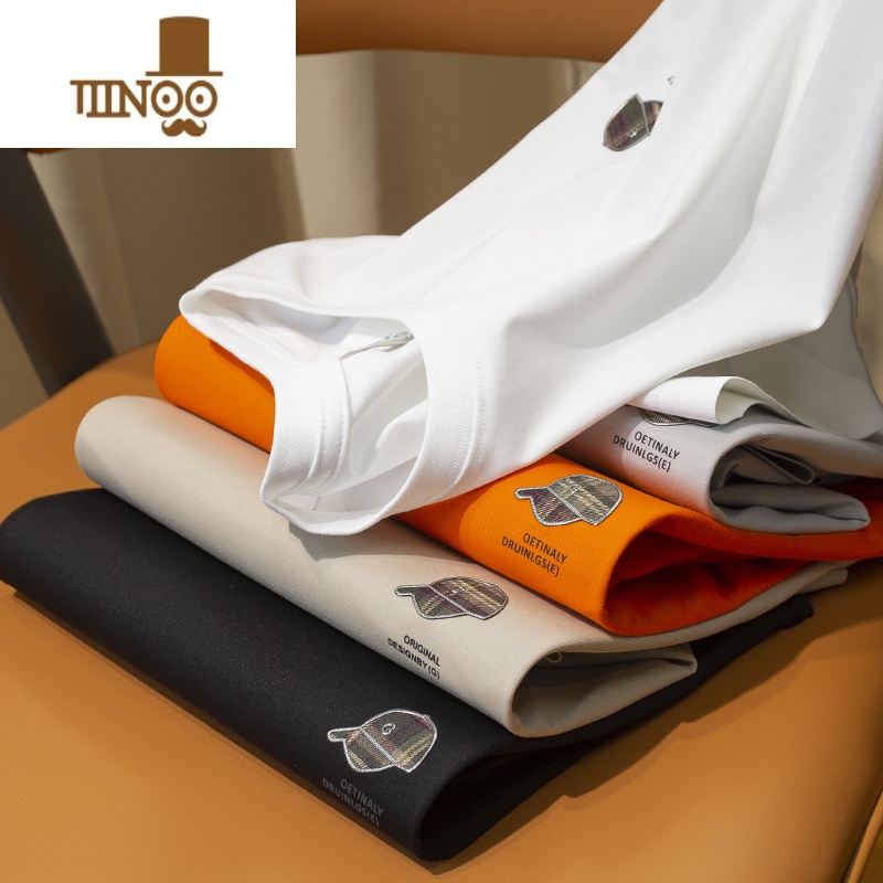 YANXU轻奢夏季薄款丝光棉压胶白色t恤男短袖修身圆领休闲半袖男士高清大图