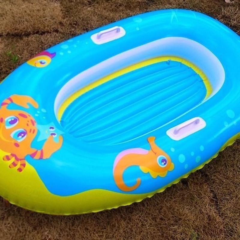 34009蓝色儿童船送脚踩充气泵 水上充气单人小船卡通图案儿童皮筏艇带