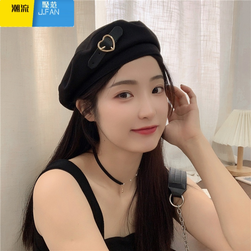 聚范被爱心狙击黑色甜拽金属贝雷帽女夏季透气复古优雅气质画家帽潮