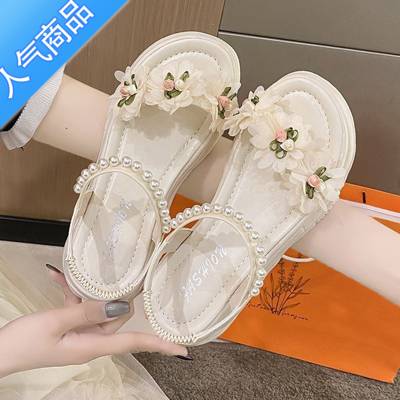SUNTEK凉鞋2023年新款女夏平底珍珠花朵少女小清新配裙子chic沙滩罗马鞋高清大图