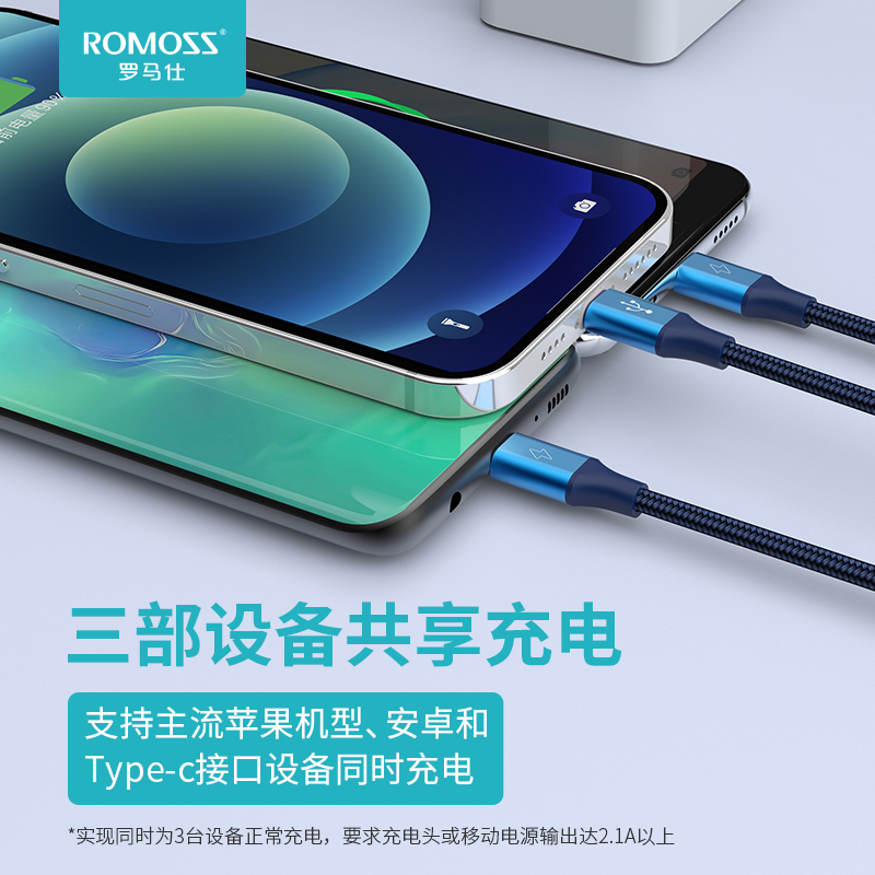 罗马仕(ROMOSS)一拖三充电线iPhone6苹果华为type-c三合一车载安卓 蓝色/1m两条装