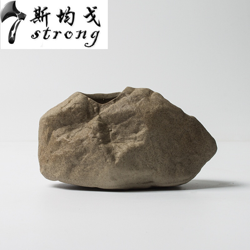 创意手工粗陶陶瓷花器陶艺花插禅意茶桌插花石头花艺摆件小花瓶