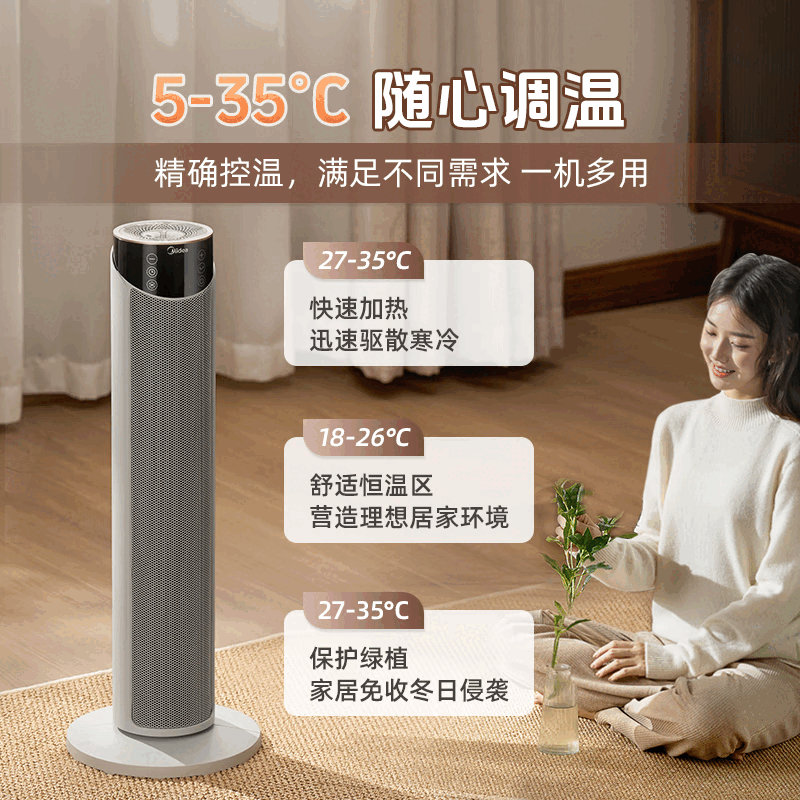 美的取暖器暖风机摇头轻音定时预约高温保护石墨烯遥控款 HFT20WJ灰色高清大图