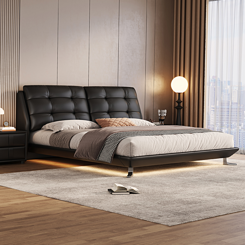 意式真皮床轻奢现代简约双人床鸭子脚满铺悬浮床家用软包婚床高清大图