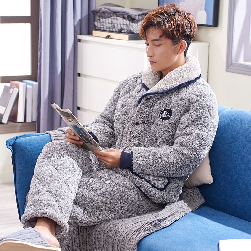 波迷娜bomina男士睡衣男冬季珊瑚绒夹棉三层加厚保暖长袖服套装18883