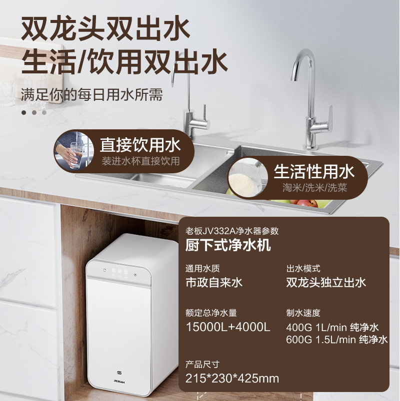 老板(Robam)小白盒净热套装JV332A+GX03 净水器直饮1.5L/min无桶双出水净水机管线机高清大图