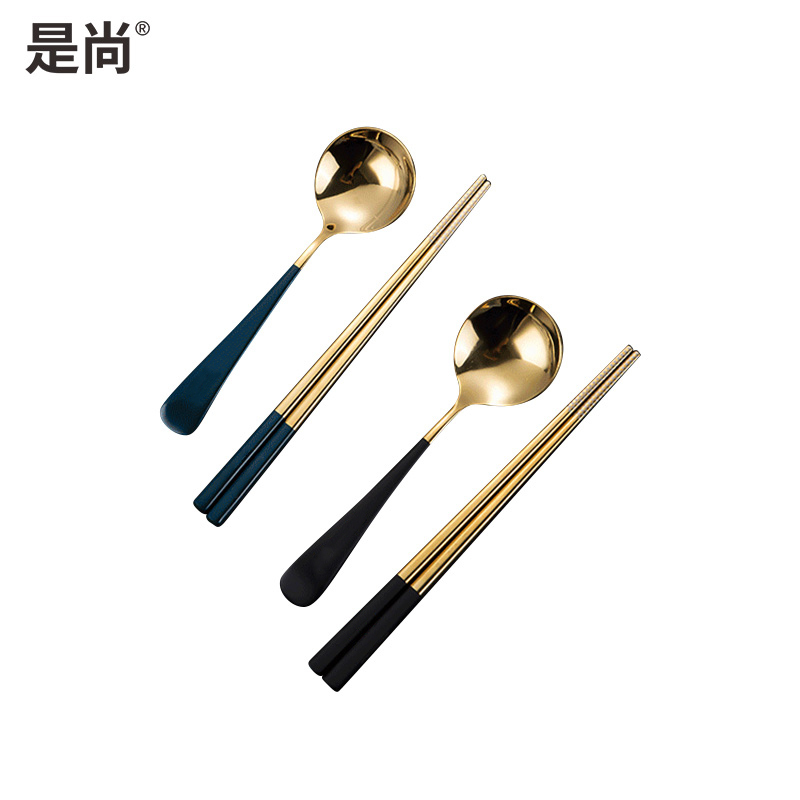 是尚 筷子勺子套装 10套装 PP-BX-07 旅行套装PP盒三件套(蓝金)