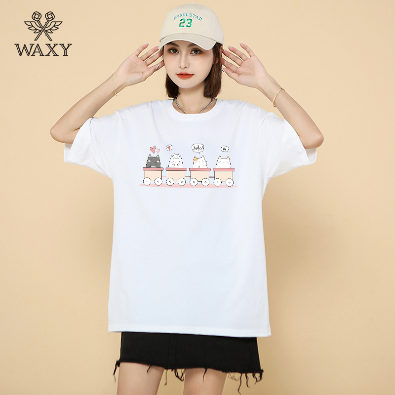 WAXY纯棉短袖女设计感小众T恤学生百搭宽松打底衫潮嘻哈甜辣上衣