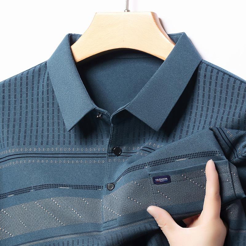 啄木鸟2025春秋季长袖T恤翻领带口袋男士中老年爸爸装上衣polo衫高清大图